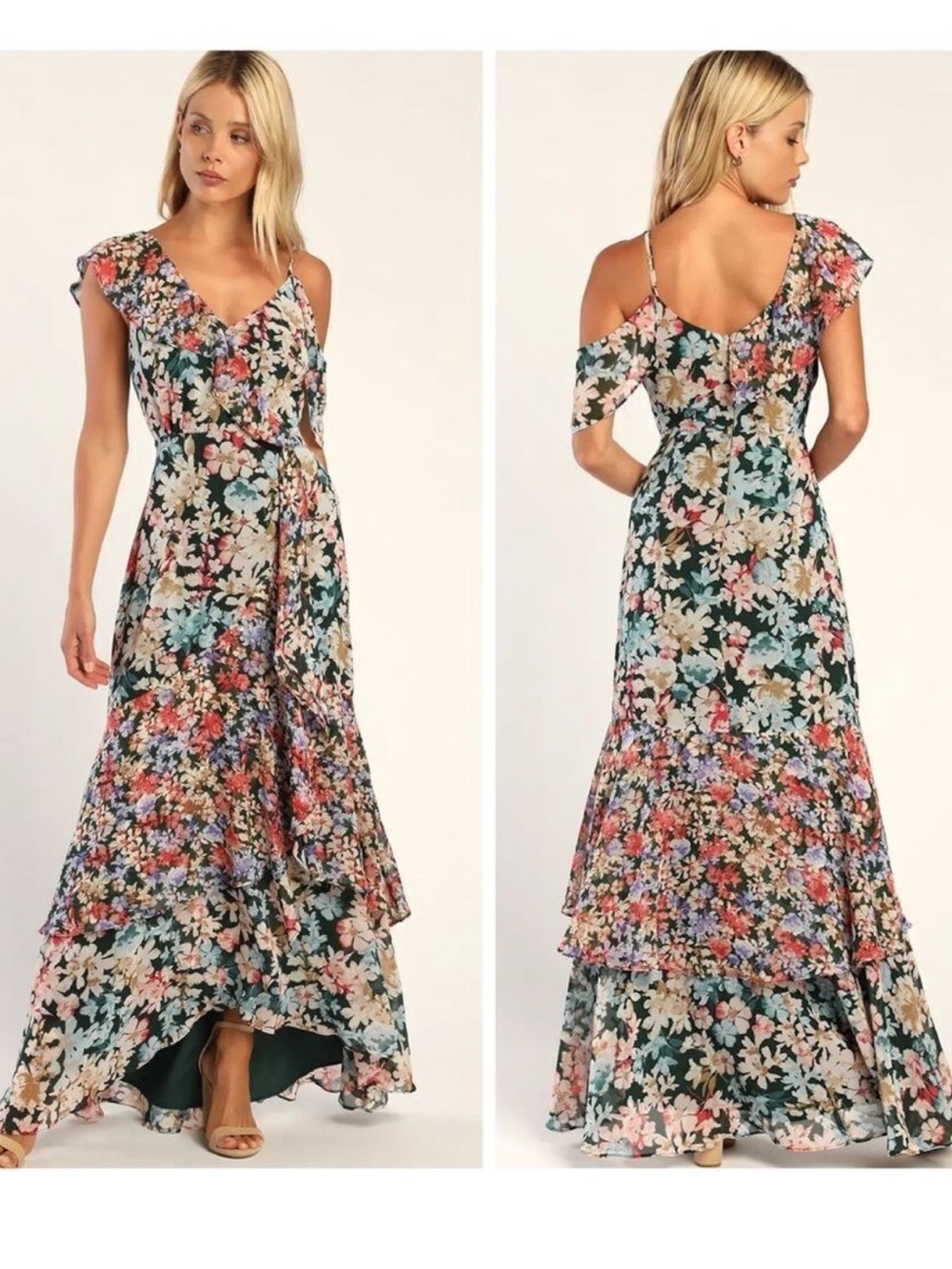 New-Lulu's Dark Green Multicolor Floral Cold-Shoulder Wedding Guest Maxi Dress
